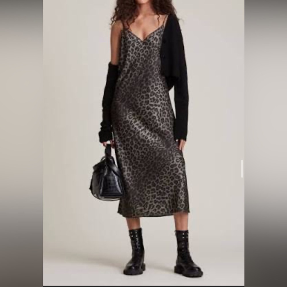 All Saints tierny Leopard Print Midi Dress - green size medium